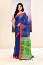 Piyari Fashion Women's Blue Temple Border Embellished Cotton Blend Jamdani Saree | Grocsy