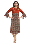 Snehal Creations Rust Rayon Printed Flared Long Tunic | Grocsy
