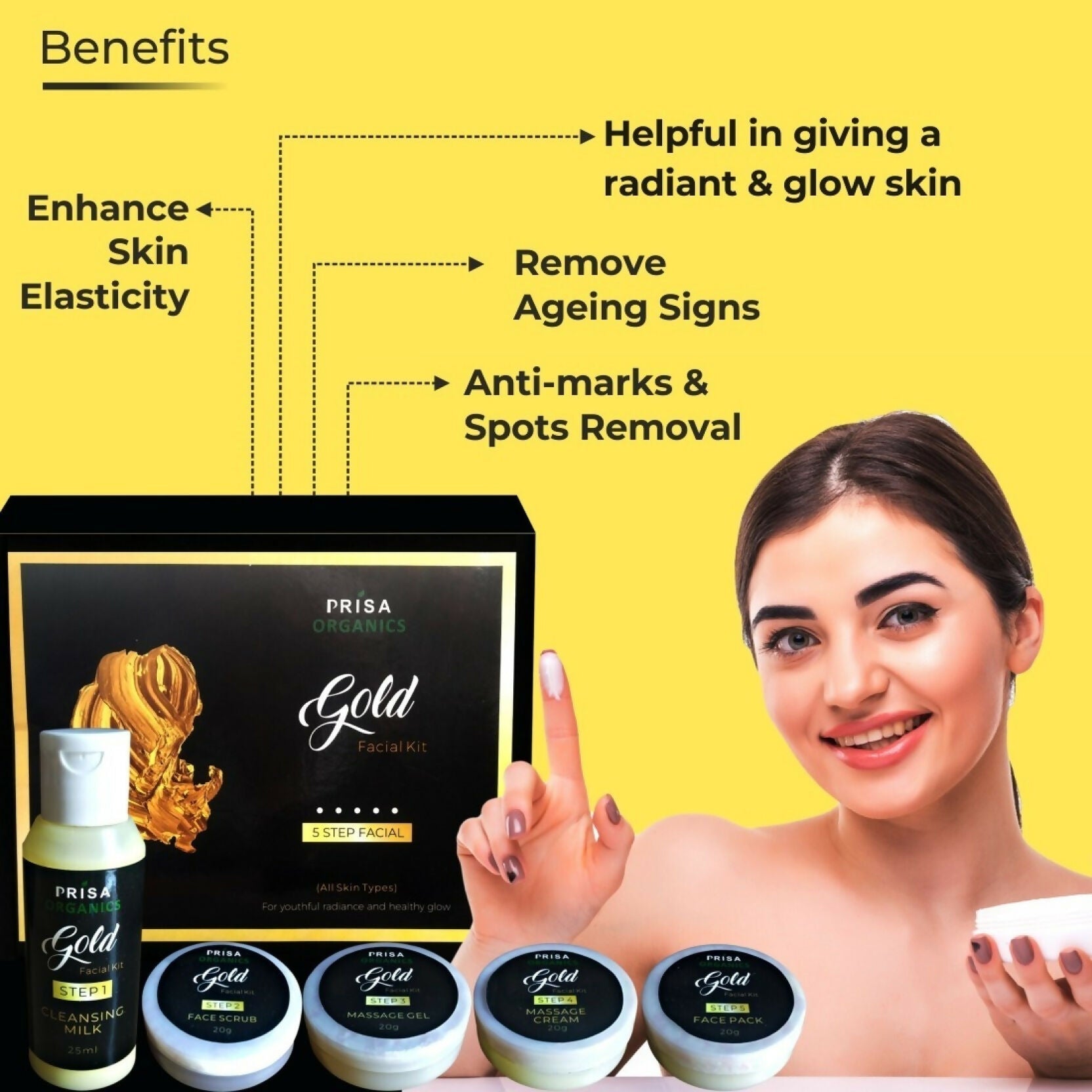 Prisa Organics Gold Facial Kit For Radiant & Glowing Skin - Cleanses & Rejuvenates Skin, Removes Dead Skin, Blackheads | Grocsy