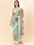 Green Organza Floral Embroidered Saree with Unstitched Blouse Piece - Roozal | Grocsy