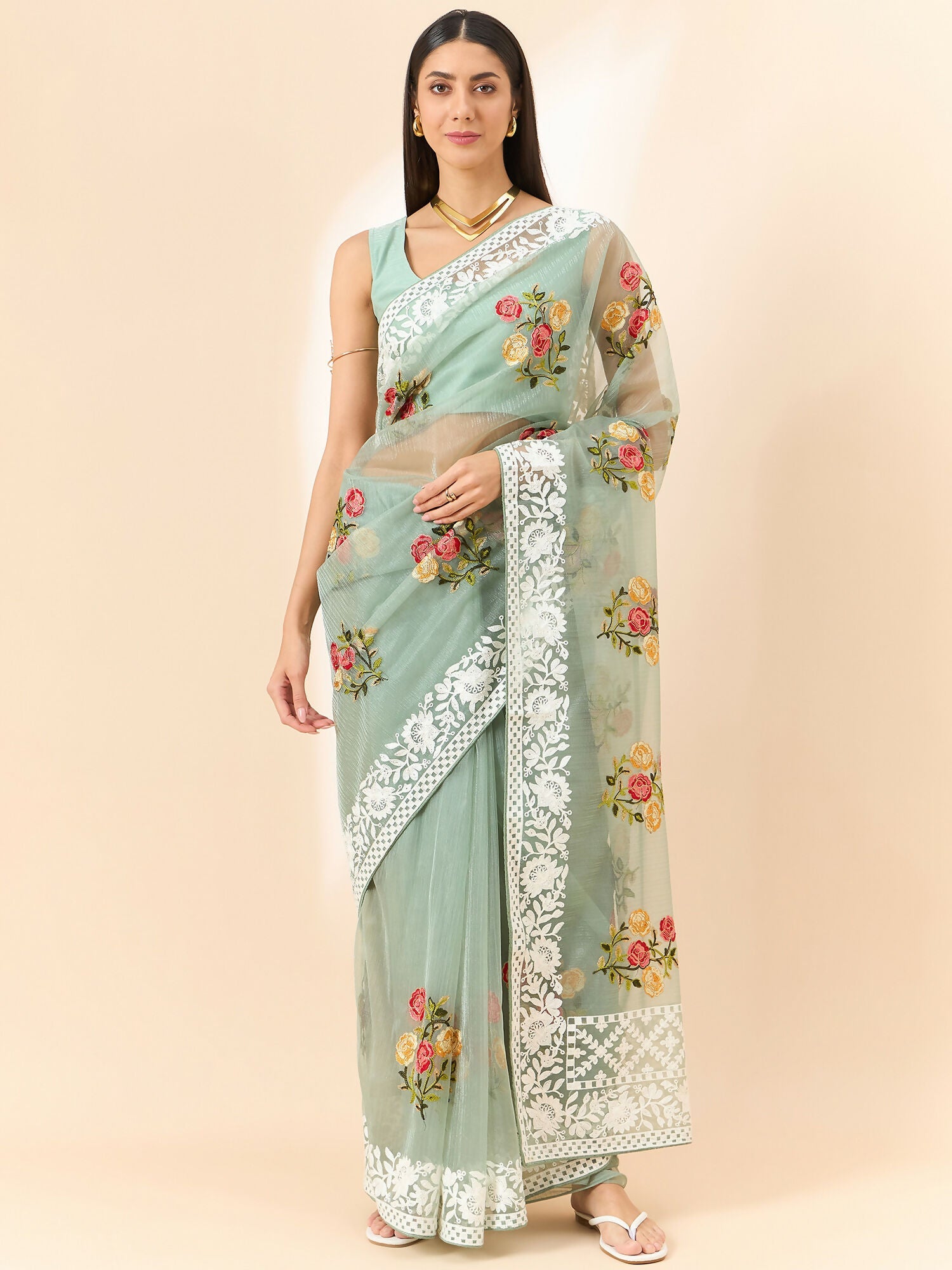 Green Organza Floral Embroidered Saree with Unstitched Blouse Piece - Roozal | Grocsy