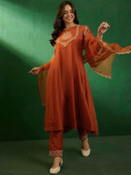 The52 Women's Beautiful Vichitra Fabric Embroidery Work Flared Anarkali Pant and Dupatta Set | Grocsy