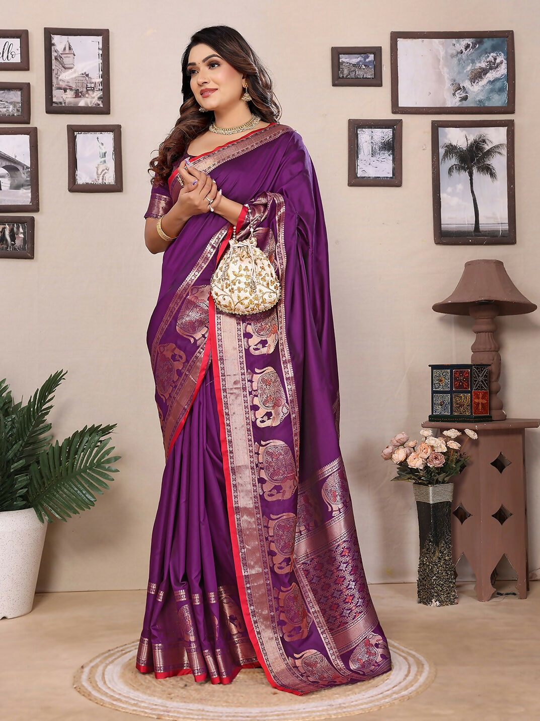 Joban Fashion Purple Solid Banarasi Silk Sarees | Grocsy