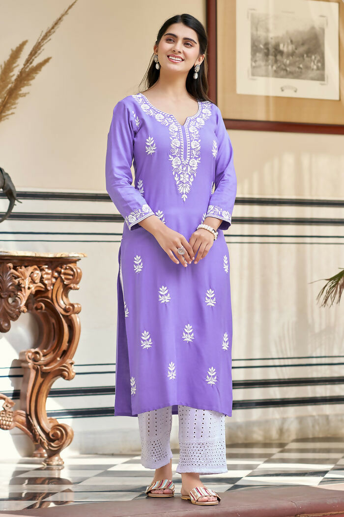 The52 Lavender Women's Gorgeous Chikankari work Pure Rayon Fabric Straight Kurta, Pant Set | Grocsy