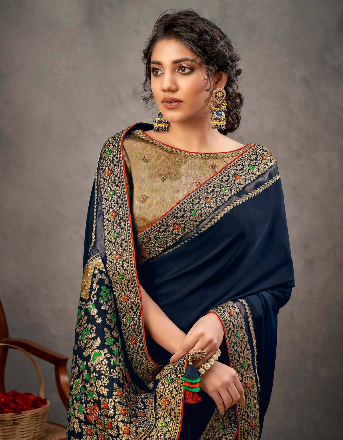 Multi Color Satin Silk Thread And Cord Embroidery Saree - Norita Arinya | Grocsy