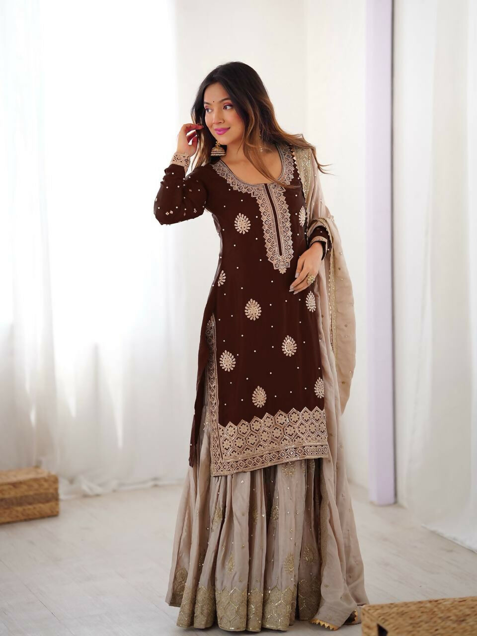 Lehenga Mart Designer Sharara Suit With Kurta, Sharara, Dupatta For Women-Brown | Grocsy