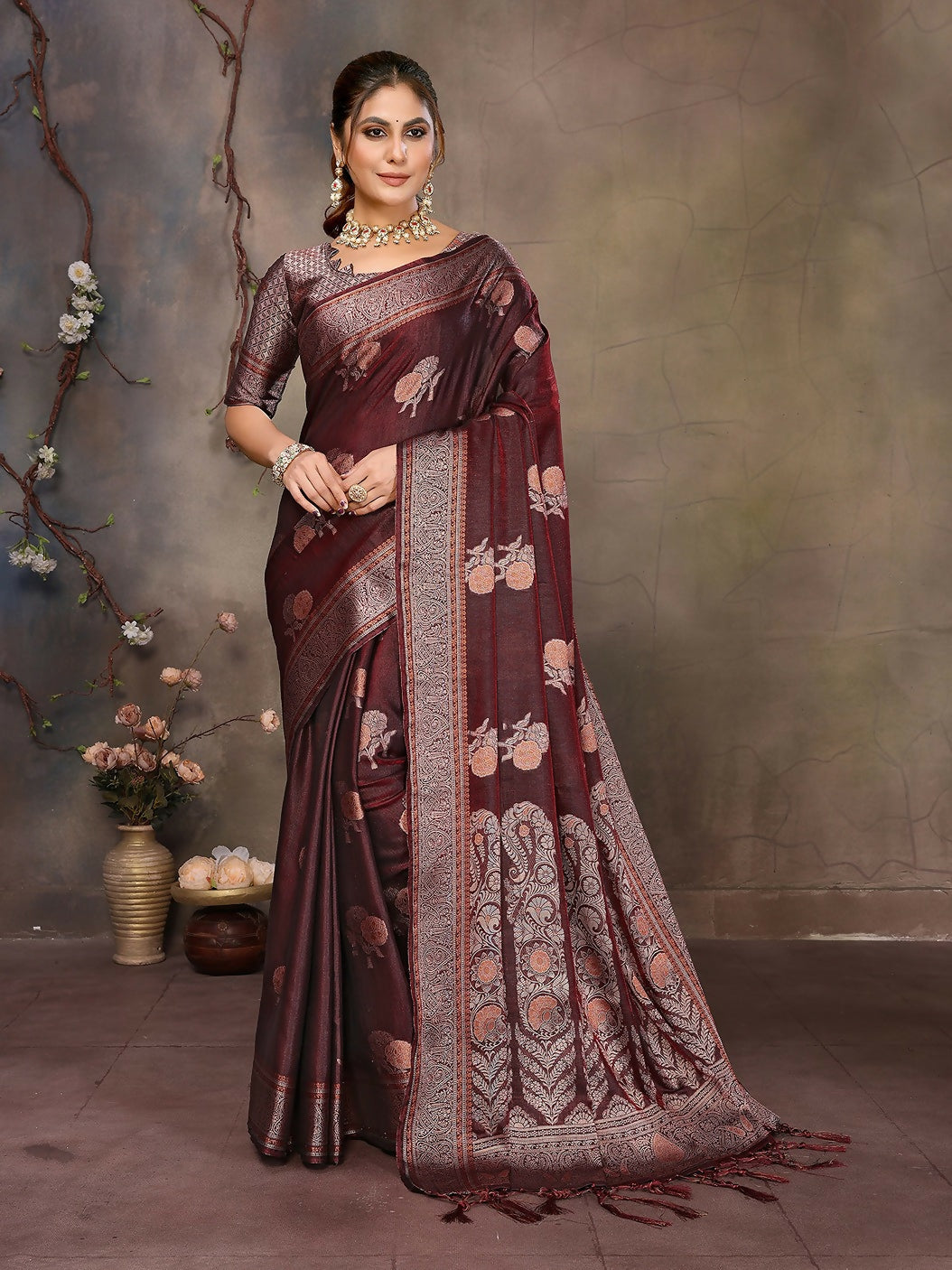Joban Fashion Wine Woven Jacquard Banarasi Silk Sarees | Grocsy