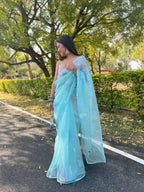 Vamsee Sky Blue Organza Saree | Grocsy