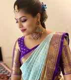 DEIANA'S Beautiful Designer Golden zari Soft Lichi Silk Saree - Sky | Grocsy