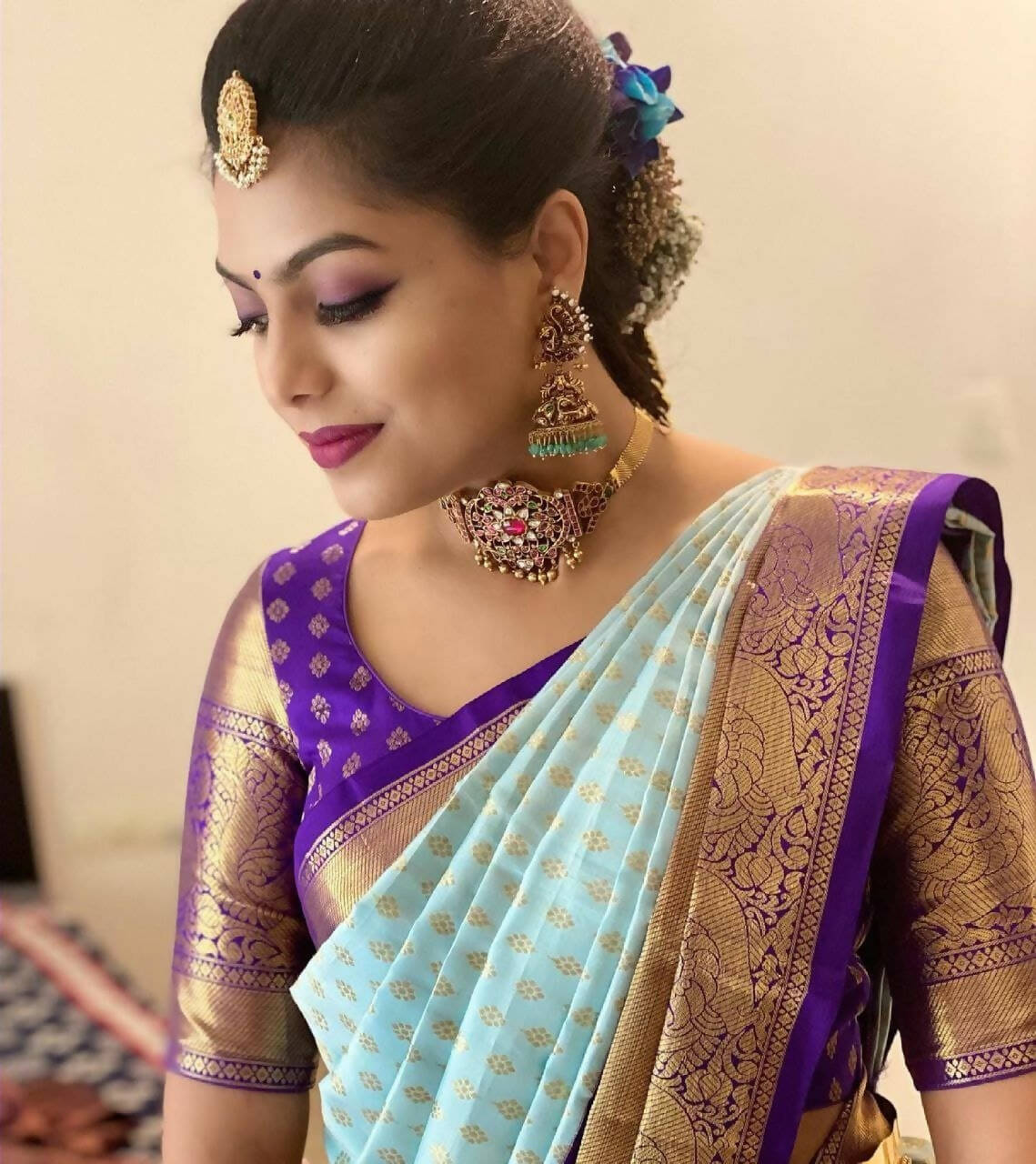 DEIANA'S Beautiful Designer Golden zari Soft Lichi Silk Saree - Sky | Grocsy