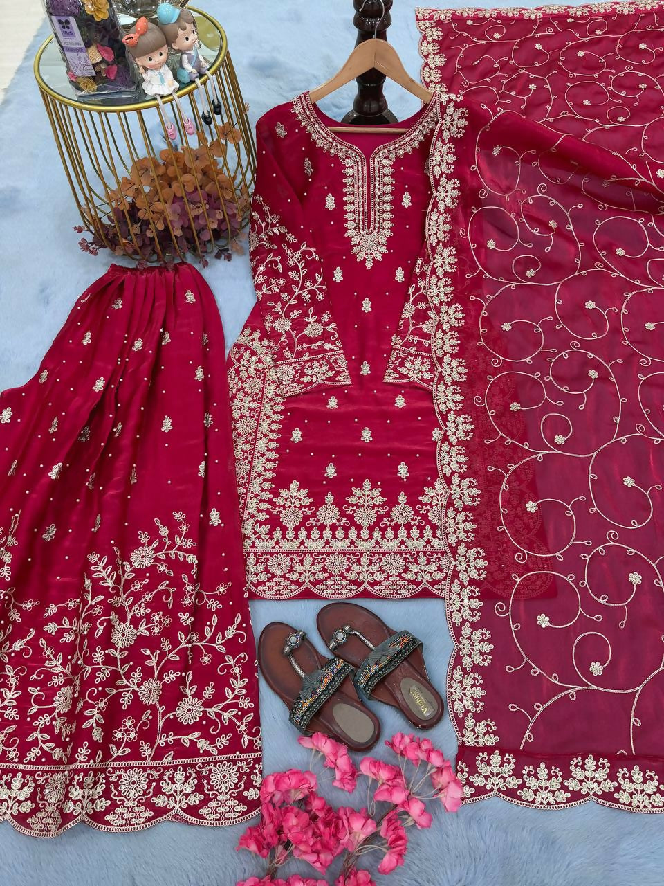 Teeya Creation Rani Pure Silk Gimmy Silk Heavy Embroidery Work Wedding Wear Palazzo Pair | Grocsy