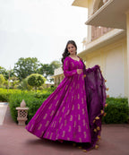 Purple Pure Reyon Gold Foil Work Stitched Suit With Dupatta - Anbazaar | Grocsy