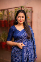 Blue Silk Blend Ajrak Saree with Unstitched Blouse - Hiral Fashion | Grocsy