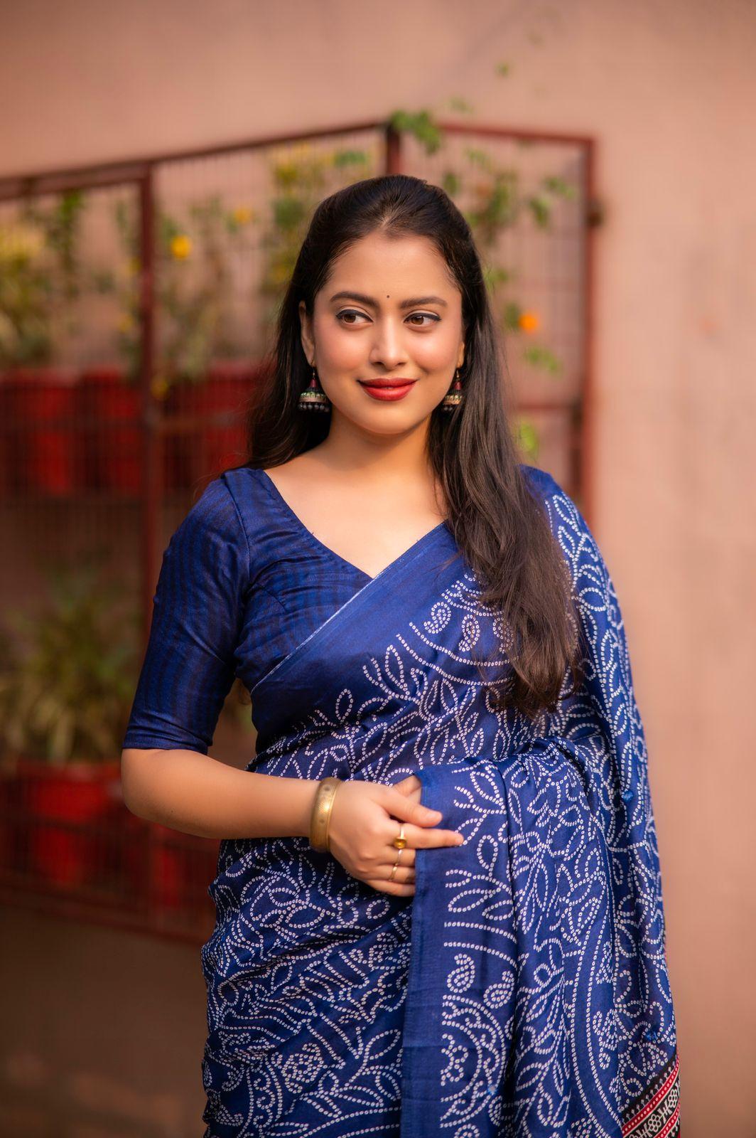 Blue Silk Blend Ajrak Saree with Unstitched Blouse - Hiral Fashion | Grocsy