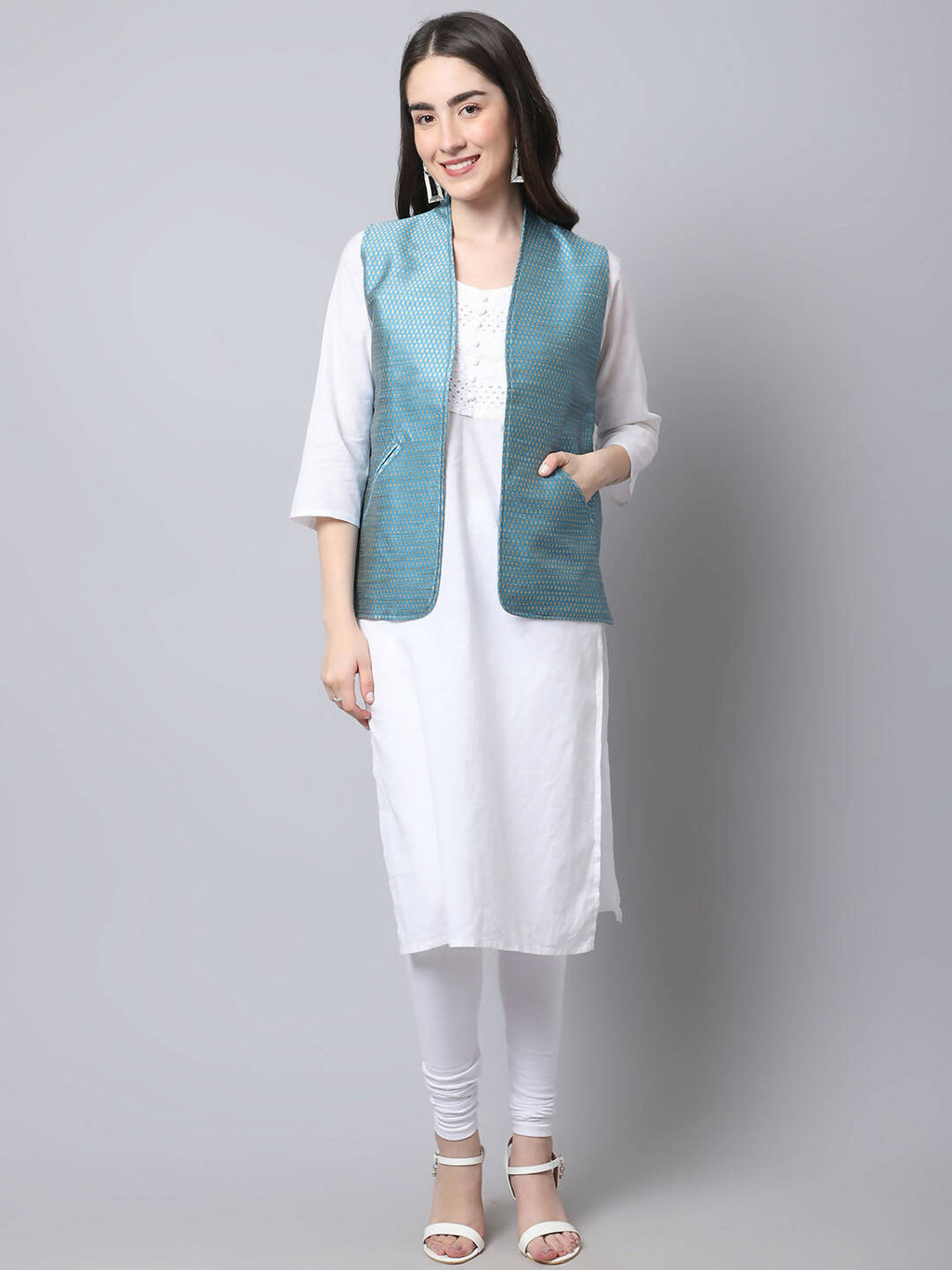 Even Apparels Blue Bansari Silk Open Front Gillet | Grocsy