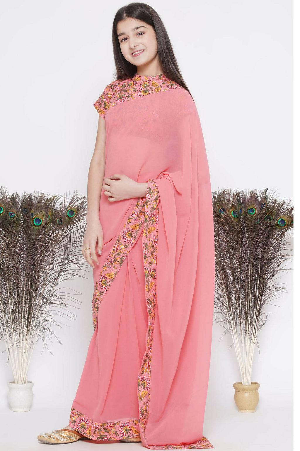 Little Bansi Floral Print Ready To Wear Saree And Floral Blouse - Coral | Grocsy