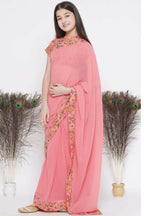 Little Bansi Floral Print Ready To Wear Saree And Floral Blouse - Coral | Grocsy