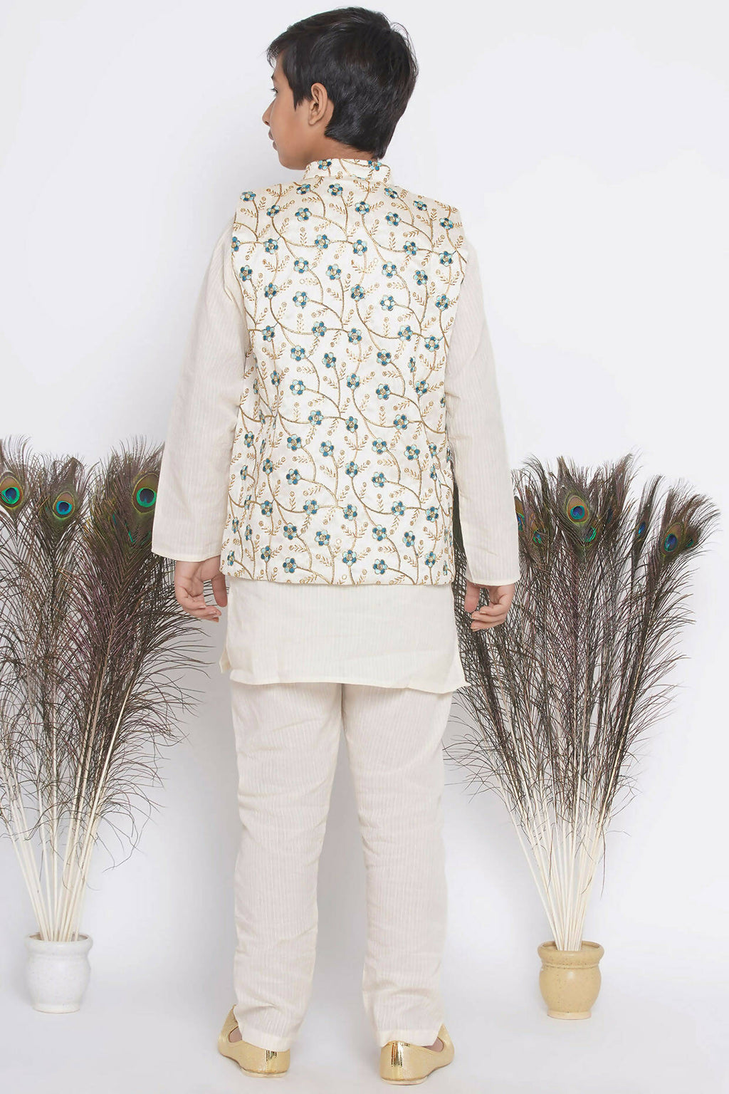 Little Bansi Banarsi Silk Blue Floral Embroidery Jacket with Cotton Kantha kurta and Kantha Pyjama - Cream | Grocsy
