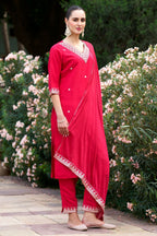 The52 Red Women's Gorgeous Embroidered Rayon Slub Fabric Straight Kurta Pant with Dupatta Set | Grocsy