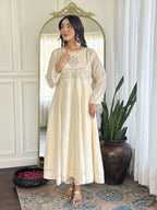 The52 CreamWomen's Gorgeous Embroidered Vichitra Silk Fabric Flared Kurta Pant with Dupatta Set | Grocsy