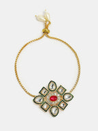 NVR Women & Men Set of 2 Gold Kundan-Studded Handcrafted Wraparound Rakhi Set With Roli Chawal | Grocsy
