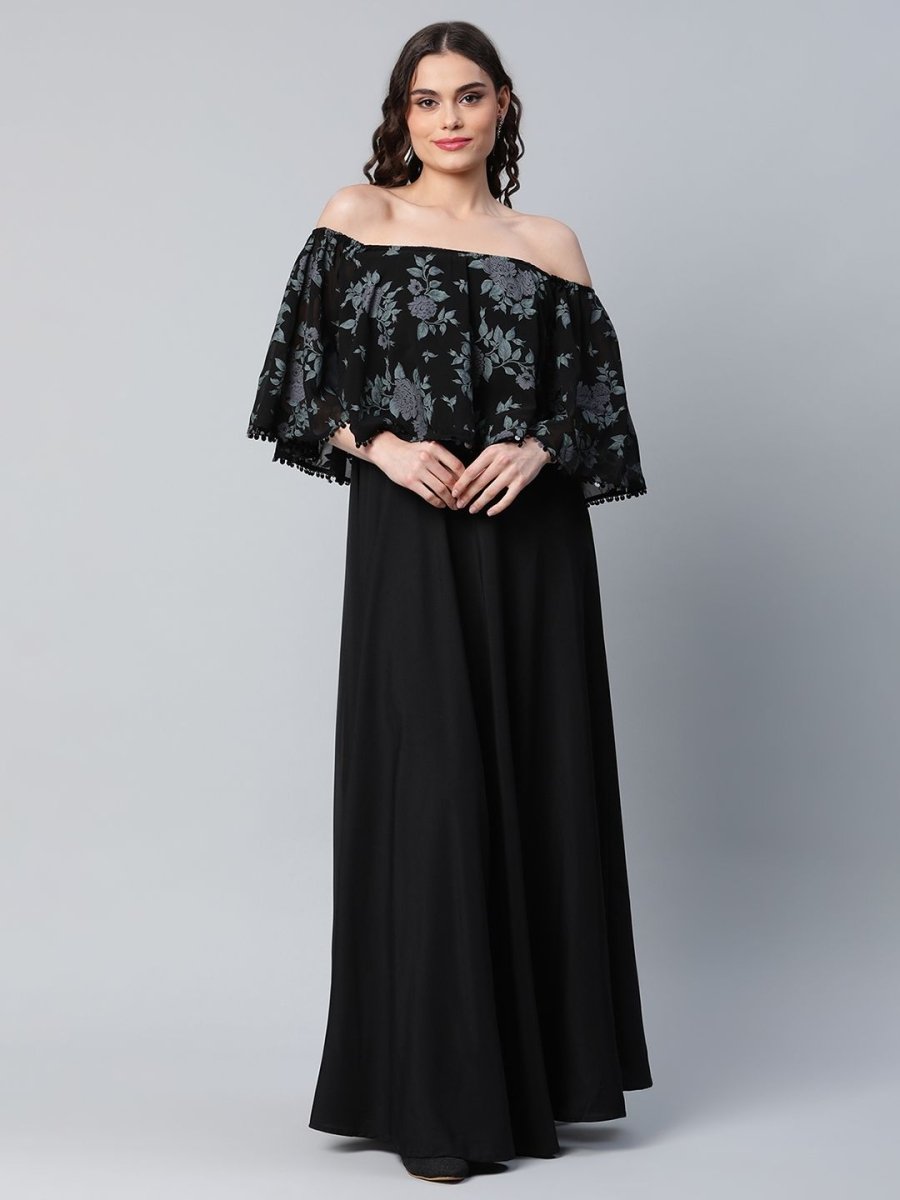 Ahalyaa Women Crepe Printed Black Dress | Grocsy