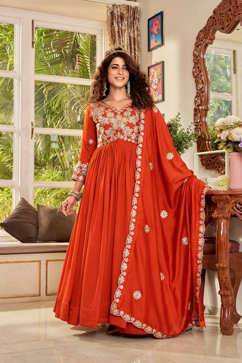 Teeya Creation Womens Casual Party Wear Heavy 5mm Sequence Embroidery Work Orange Gown Set | Grocsy