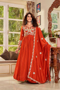 Teeya Creation Womens Casual Party Wear Heavy 5mm Sequence Embroidery Work Orange Gown Set | Grocsy