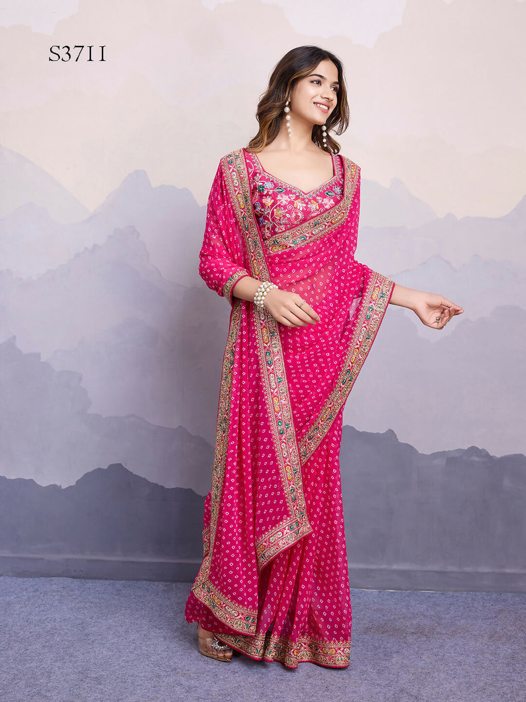 Pink Georgette Bandhani Printed,Embroidery Work Saree - Surkhi | Grocsy