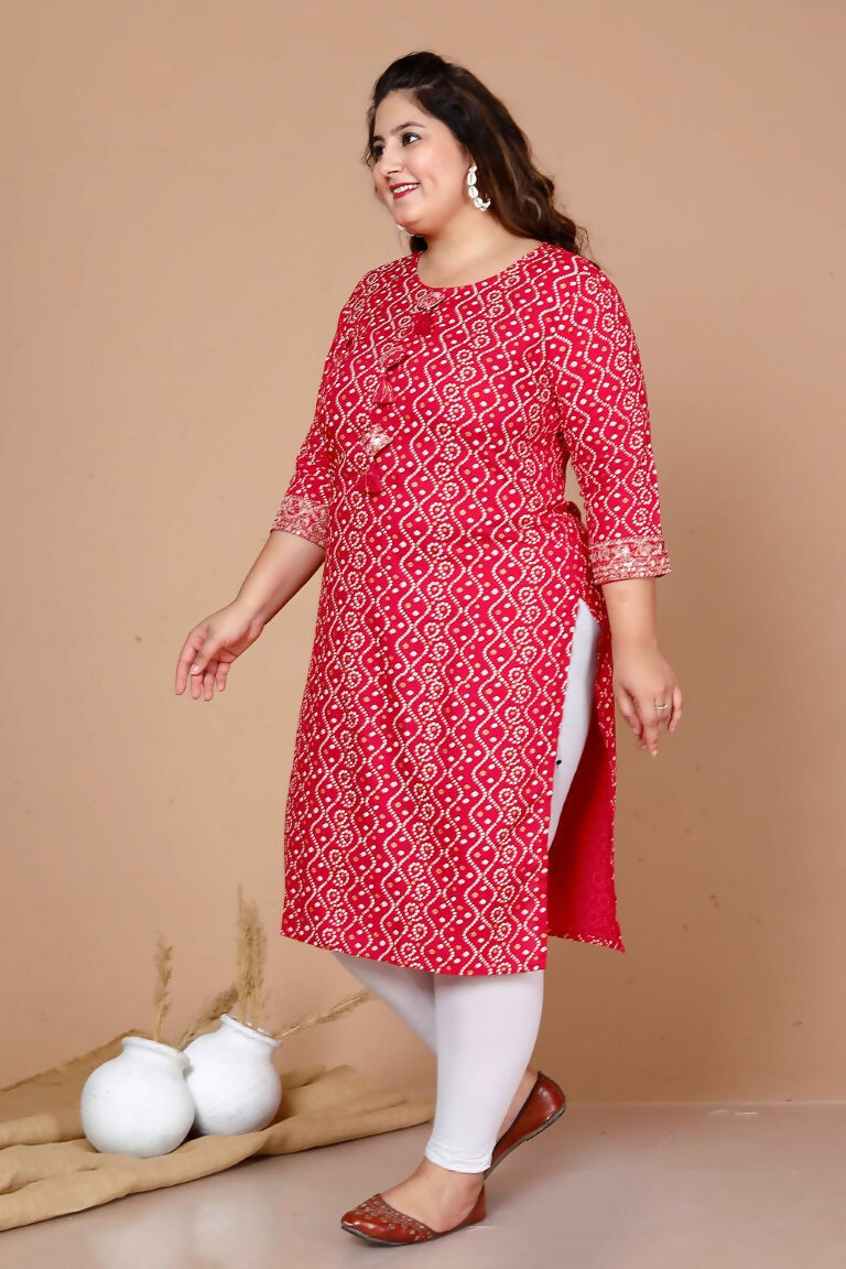 Miravan Women's Plus Size Pink Bandhani Pakistani Straight Kurti | Grocsy