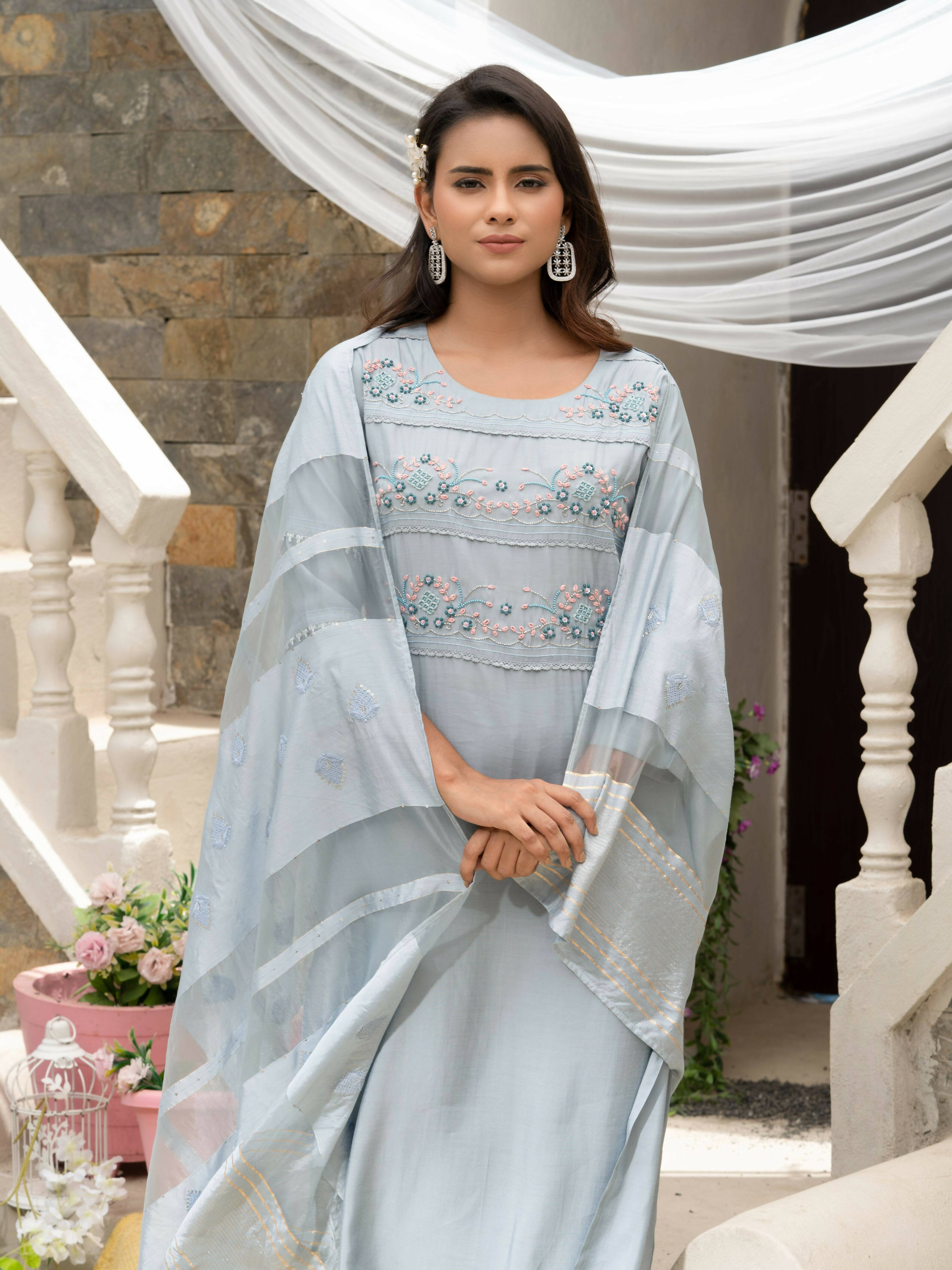 Light Blue Roman Silk Plain Kurta with Pant & Dupatta - Disha | Grocsy