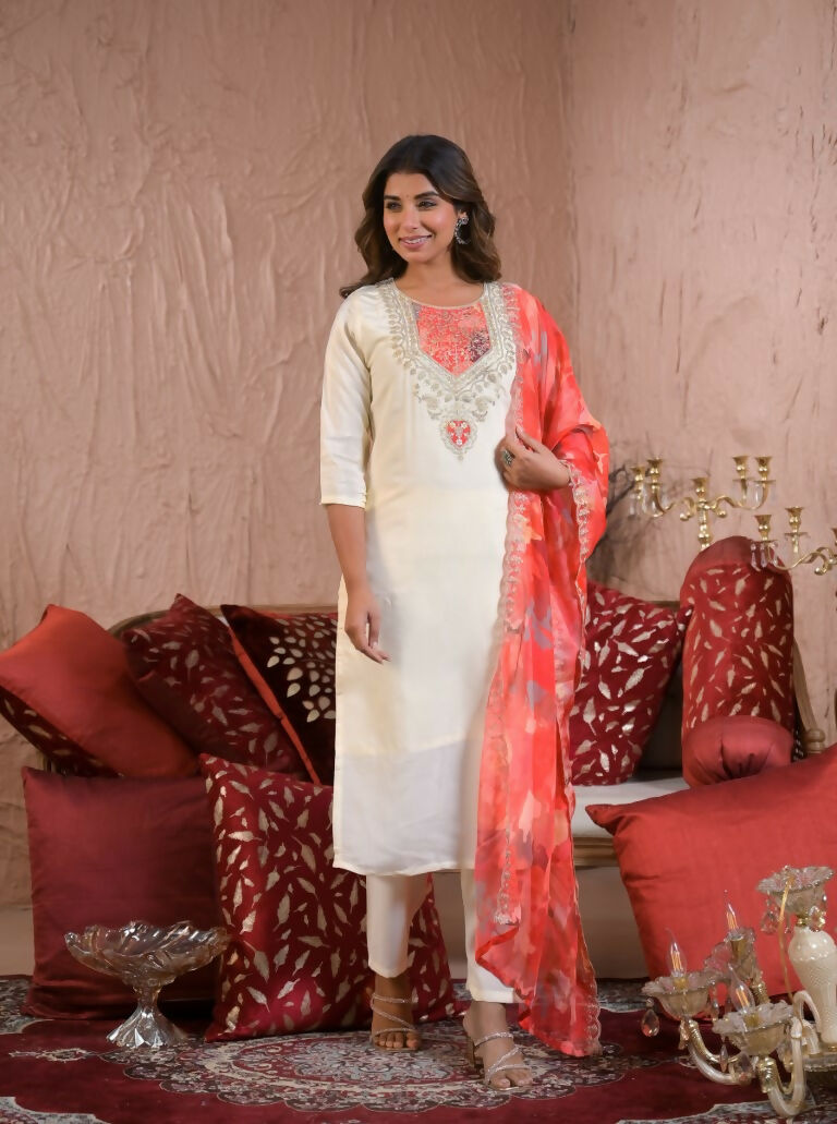 Ethnic Festive Wear Chanderi Silk Cream Stitched Suit With Dupatta - Tanisha | Grocsy