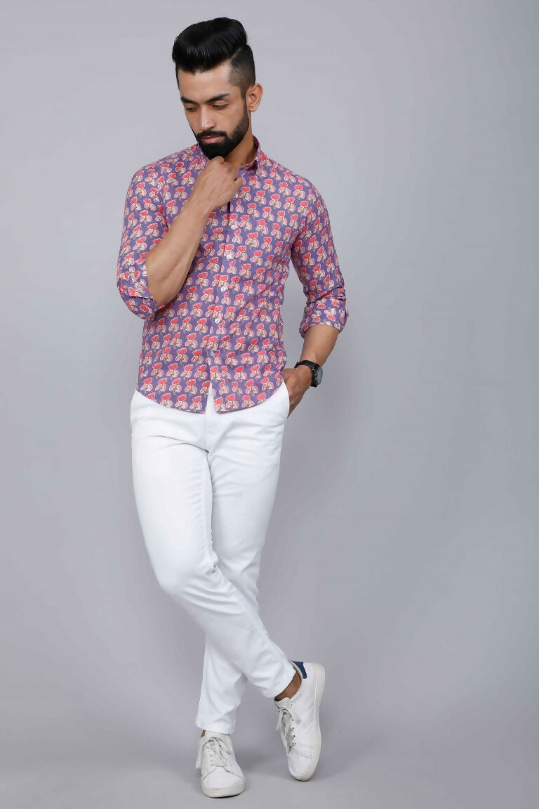 Miravan Men's Purple Floral Design Stylish Casual Cotton Shirt | Grocsy