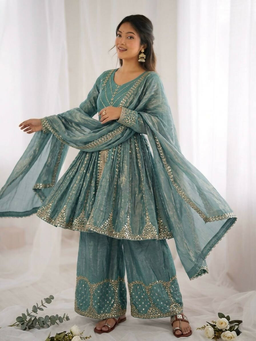 Teeya Creation New Womens Trendy Embroidery Sequence Work Teal Kurta Set | Grocsy