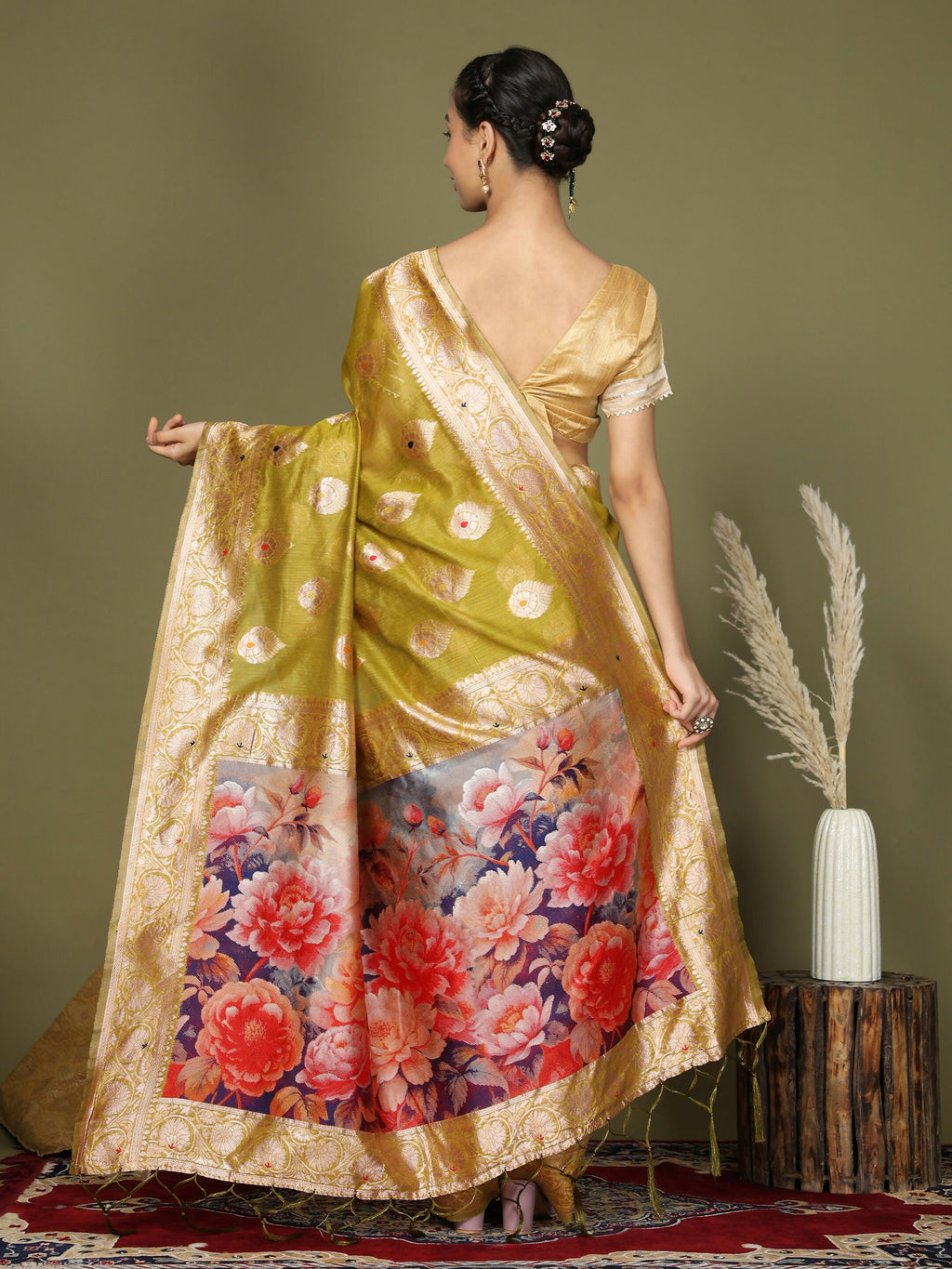Shree Shyam Fashion Linen Cotton Mhendi Green Saree | Grocsy