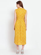 Myshka Women's Mustard Printed Rayon Sleeveless Collar Neck Casual Dress | Grocsy