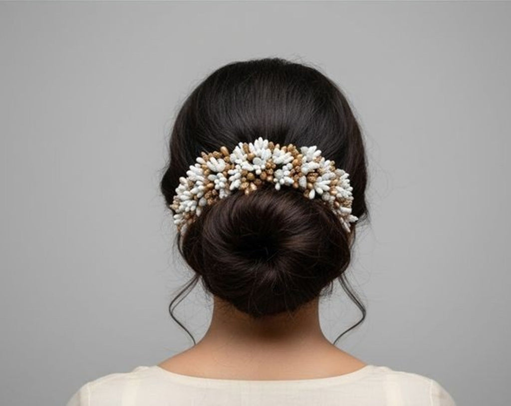 White & Gold Pollens Hair Gajra | Grocsy