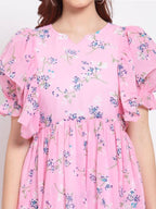 Myshka Women's Pink Printed Georgette Half Sleeve Round Neck Casual Dress | Grocsy