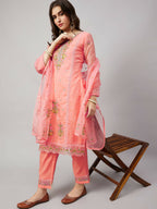 Peach Organza Embroidered Kurta with Bottom & Dupatta - Salimar | Grocsy