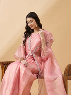 Peach Chiffon Solid Saree with Stitched Blouse & Stone Work Shrug - Dharavi | Grocsy