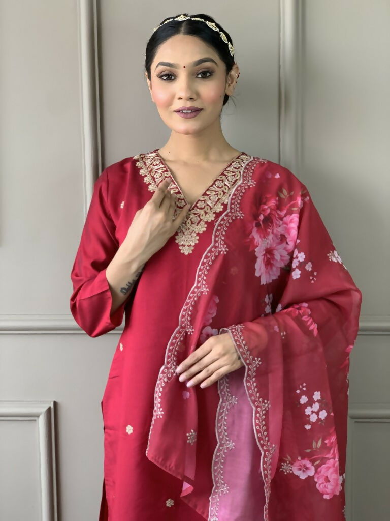 Rani Pink Viscose Chanderi Stitched Suit With Dupatta - Tanisha | Grocsy