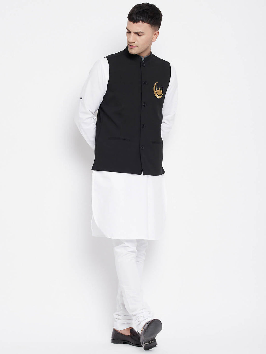 Even Apparels Black Pure Cotton Nehru Jacket With Eid Insignia NJ-PW668-CHA | Grocsy