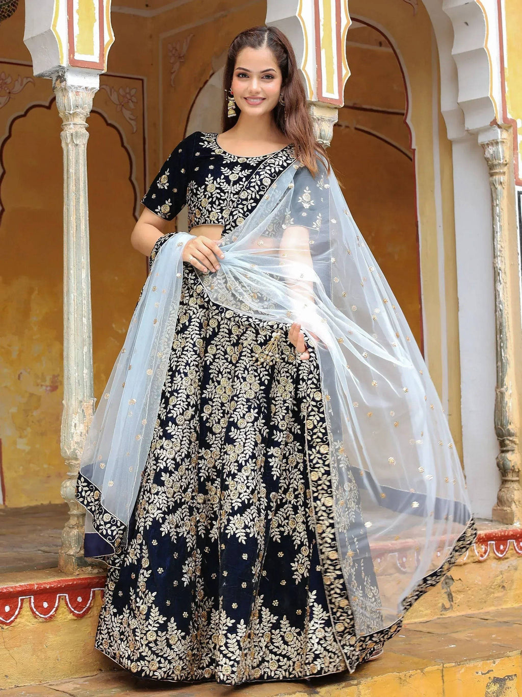 Tulsi Art Shocking Navy Blue Embroidered Velvet Function Wear Lehenga Choli | Grocsy