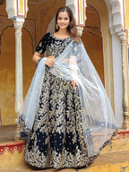 Tulsi Art Shocking Navy Blue Embroidered Velvet Function Wear Lehenga Choli | Grocsy
