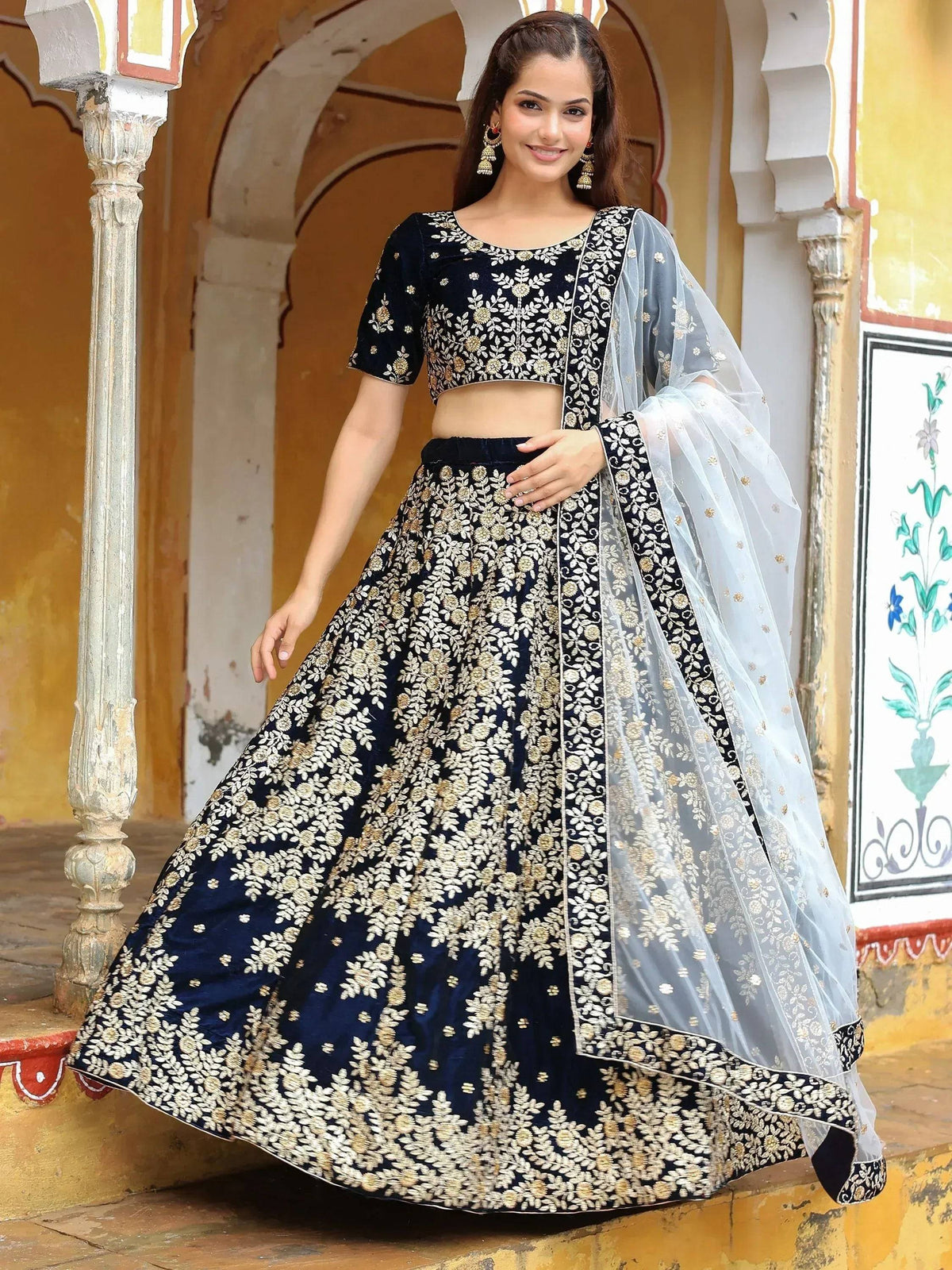 Tulsi Art Shocking Navy Blue Embroidered Velvet Function Wear Lehenga Choli | Grocsy