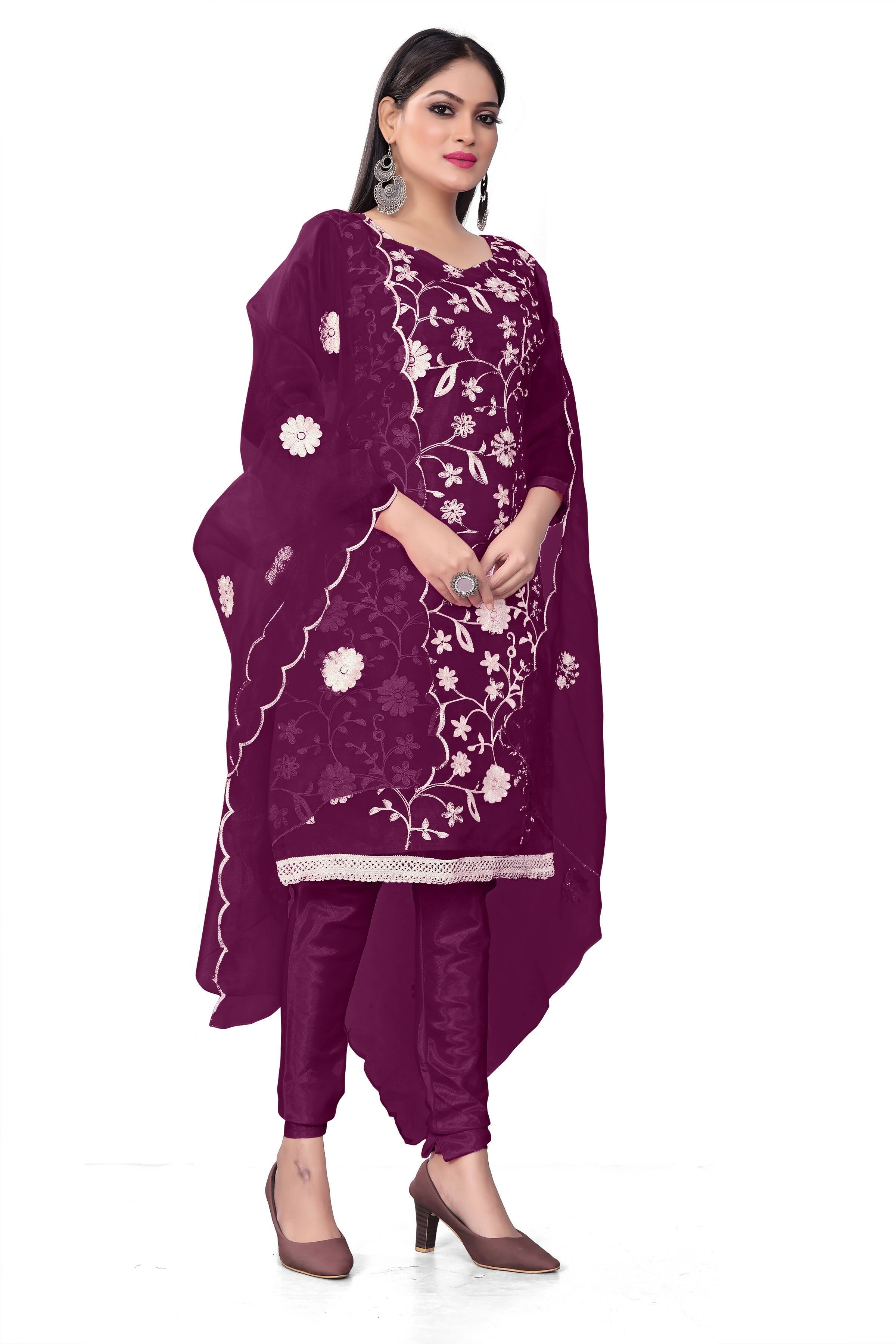 Purple Organza Silk Embroidered Work Unstitched Dress Material - Tanvi | Grocsy