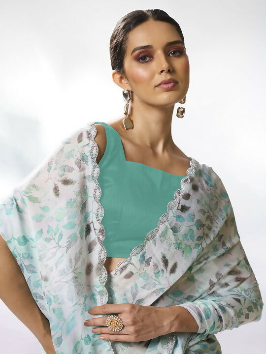 Sea Green Satin Georgette Designer Printed Saree - Shezlin | Grocsy