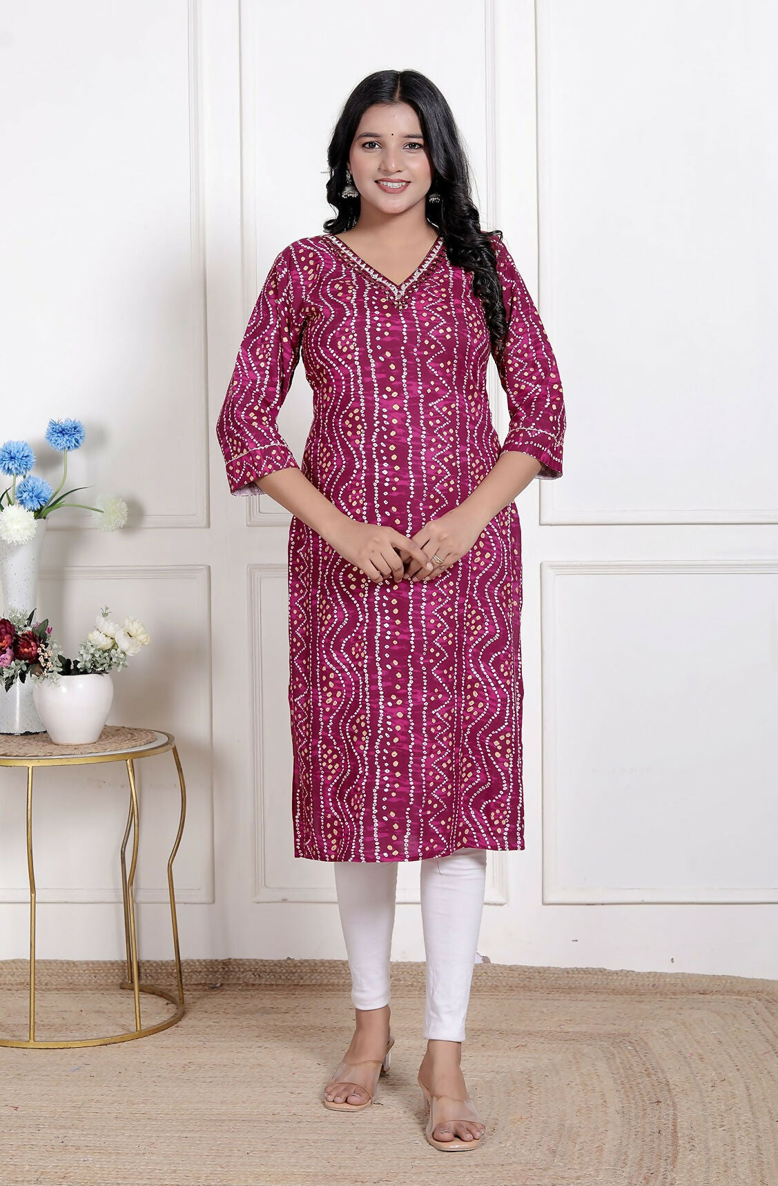 Miravan Womens Magenta Bandhej Printed Rayon Kurti | Grocsy