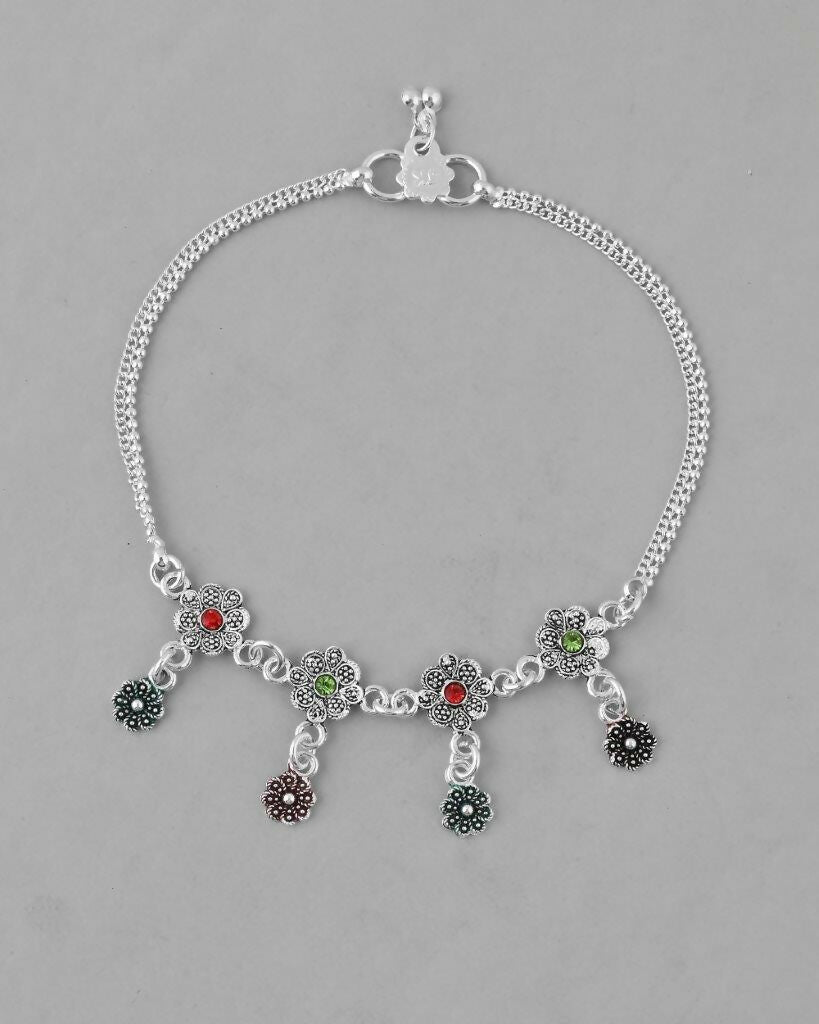 VOJ Set of 2 Silver Plated Meenakari Multi Color Anklet | Grocsy