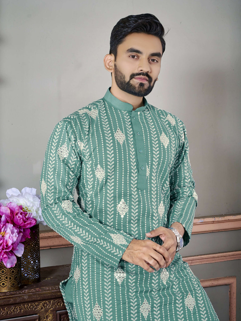 Rama Green Wedding Wear Designer Mens Kurta with Pyjamas by Infinity Export | Grocsy